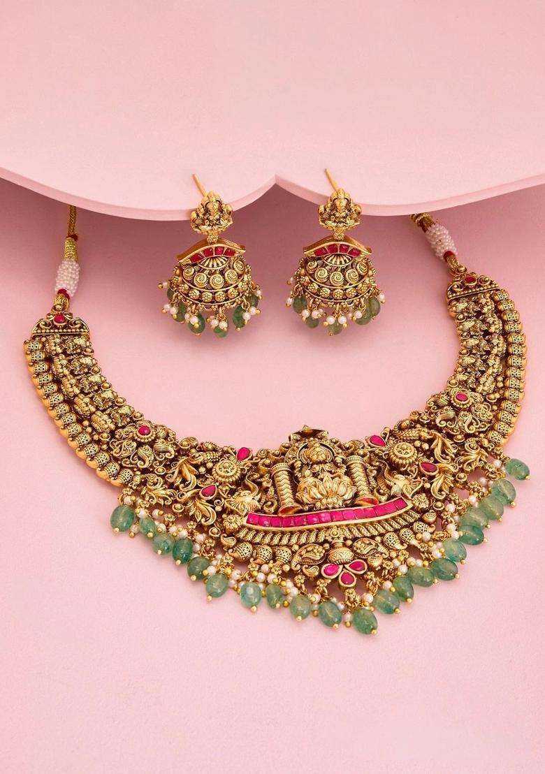 Rose Gold-Plated Temple Stone Studded & Beaded Necklace and Earrings for Women | Traditional Temple Jewellery for Wedding & Festive Wear | Gift for Her - Indya
