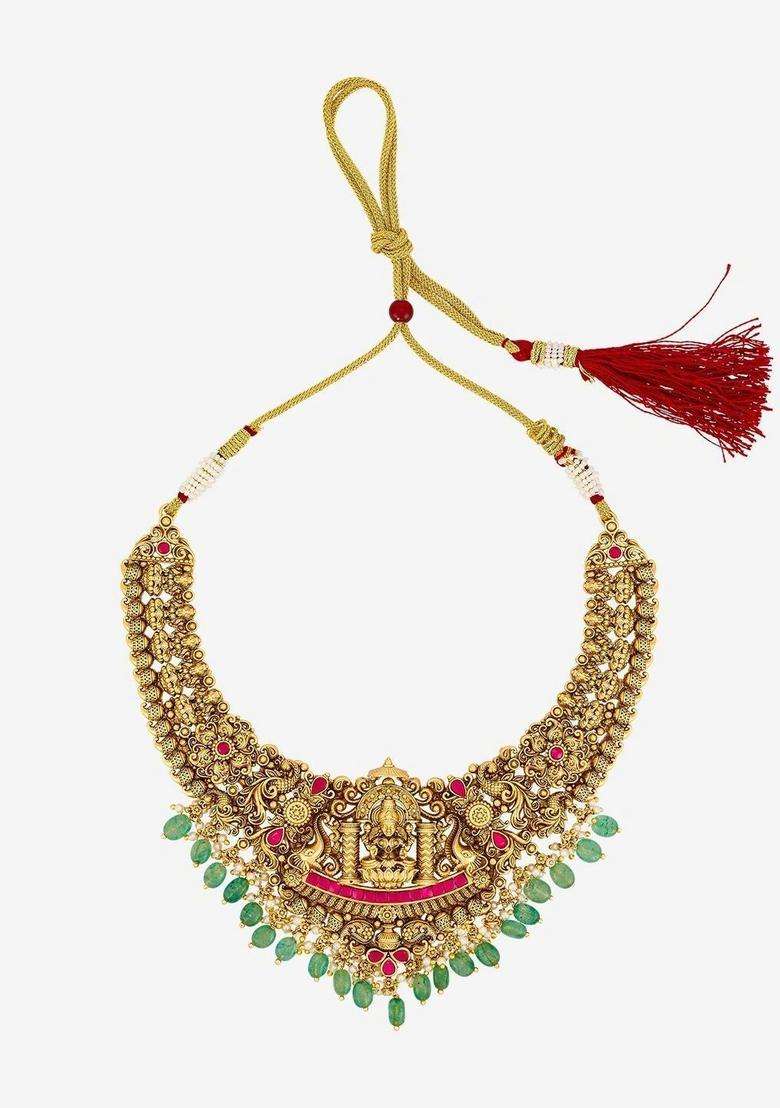 Rose Gold-Plated Temple Stone Studded & Beaded Necklace and Earrings for Women | Traditional Temple Jewellery for Wedding & Festive Wear | Gift for Her - Indya