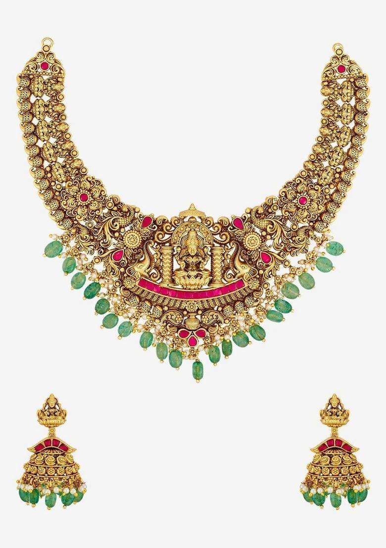 Rose Gold-Plated Temple Stone Studded & Beaded Necklace and Earrings for Women | Traditional Temple Jewellery for Wedding & Festive Wear | Gift for Her - Indya