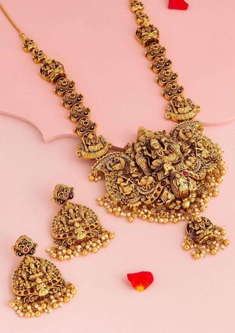Gold-Plated Artificial Stones Studded & Beaded Ruby Set for Women | Traditional Temple Jewellery for Wedding & Festive Wear | Gift for Her - Indya