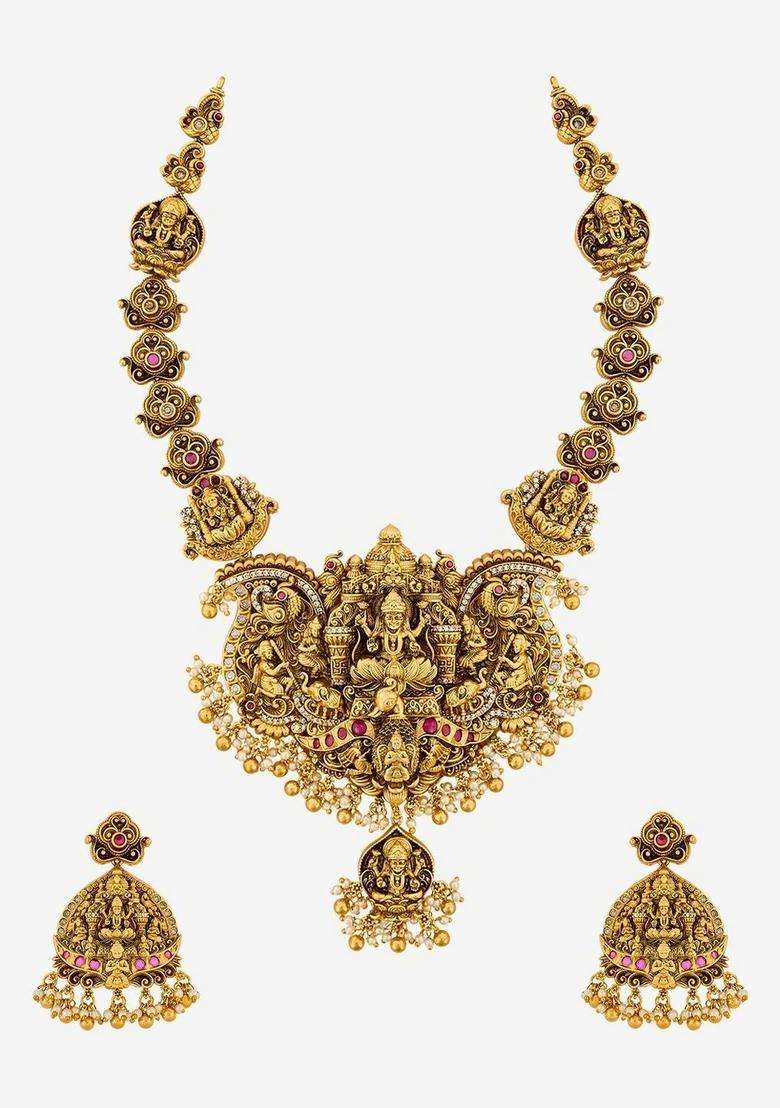 Gold-Plated Artificial Stones Studded & Beaded Ruby Set for Women | Traditional Temple Jewellery for Wedding & Festive Wear | Gift for Her - Indya