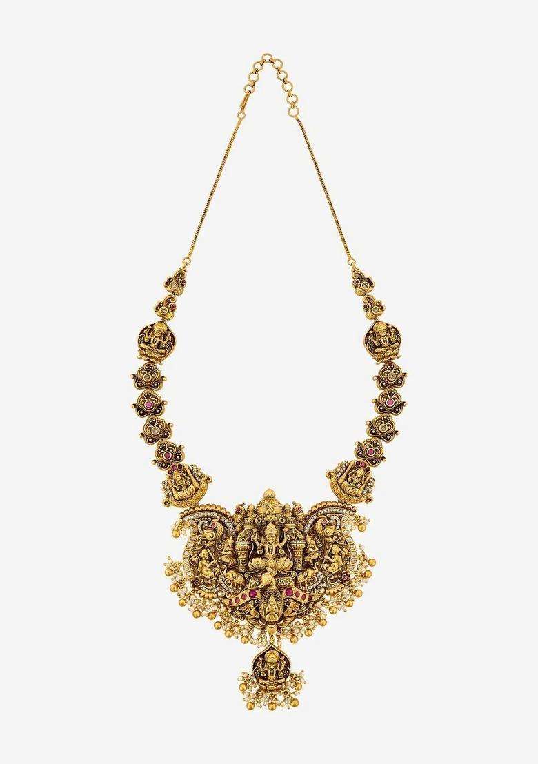 Gold-Plated Artificial Stones Studded & Beaded Ruby Set for Women | Traditional Temple Jewellery for Wedding & Festive Wear | Gift for Her - Indya