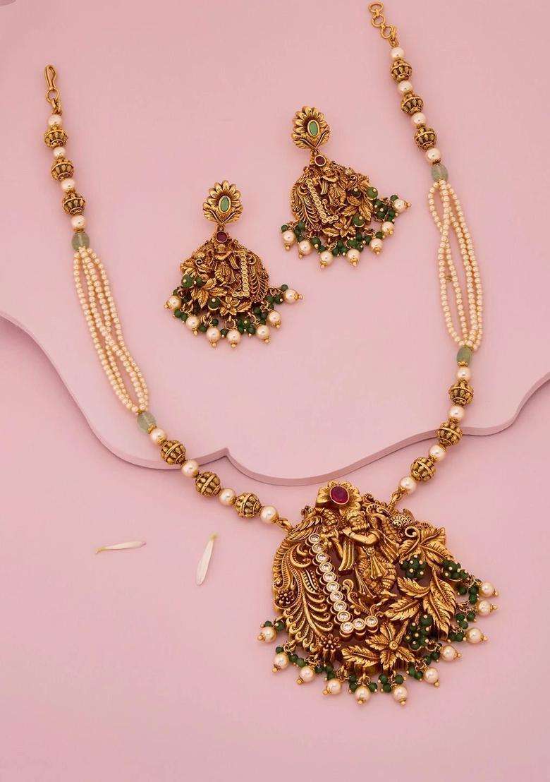 Gold-Plated Temple Stone-Studded Necklace and Earrings for Women | Traditional Temple Jewellery for Wedding & Festive Wear | Gift for Her - Indya
