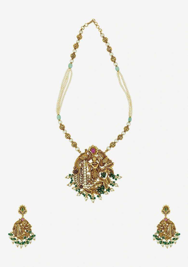 Gold-Plated Temple Stone-Studded Necklace and Earrings for Women | Traditional Temple Jewellery for Wedding & Festive Wear | Gift for Her - Indya