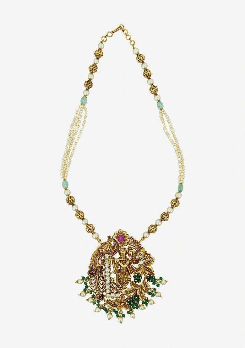 Gold-Plated Temple Stone-Studded Necklace and Earrings for Women | Traditional Temple Jewellery for Wedding & Festive Wear | Gift for Her - Indya