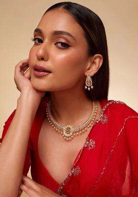 Gold-Plated Temple Cubic Zirconia Necklace and Earrings for Women | Traditional Temple Jewellery for Wedding & Festive Wear | Gift for Her