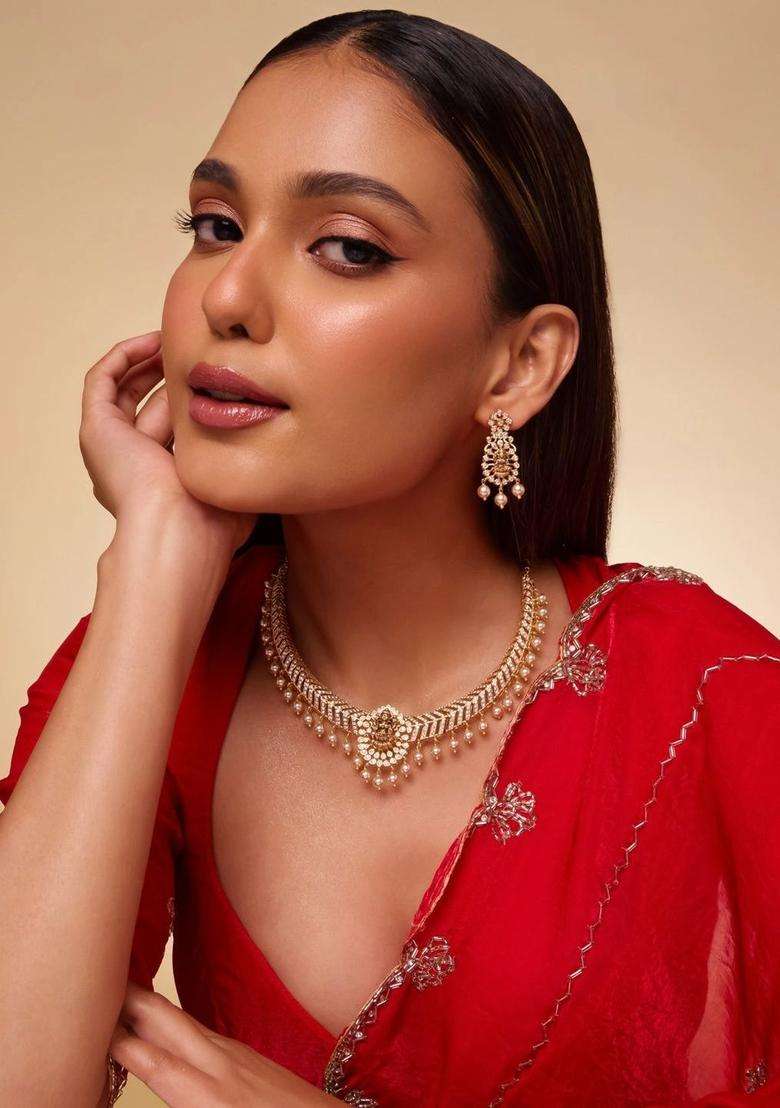 Gold-Plated Temple Cubic Zirconia Necklace and Earrings for Women | Traditional Temple Jewellery for Wedding & Festive Wear | Gift for Her - Indya