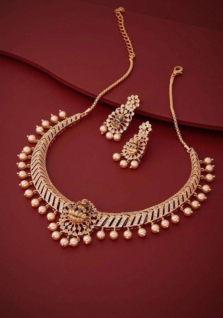 Gold-Plated Temple Cubic Zirconia Necklace and Earrings for Women | Traditional Temple Jewellery for Wedding & Festive Wear | Gift for Her - Indya