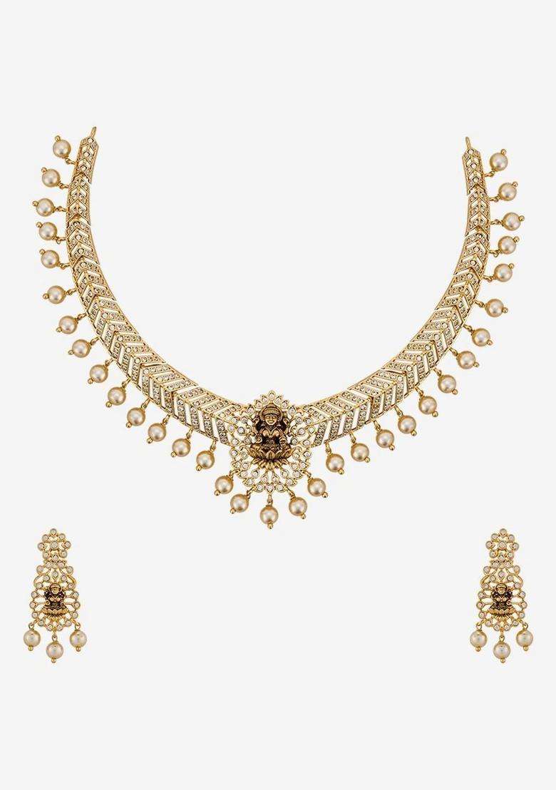 Gold-Plated Temple Cubic Zirconia Necklace and Earrings for Women | Traditional Temple Jewellery for Wedding & Festive Wear | Gift for Her - Indya