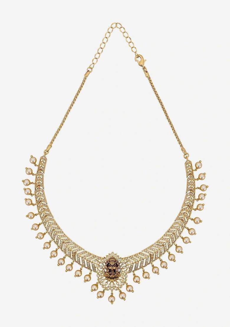 Gold-Plated Temple Cubic Zirconia Necklace and Earrings for Women | Traditional Temple Jewellery for Wedding & Festive Wear | Gift for Her - Indya