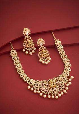 Gold-Plated Temple Cubic Zirconia Necklace and Earrings for Women | Traditional Temple Jewellery for Wedding & Festive Wear | Gift for Her
