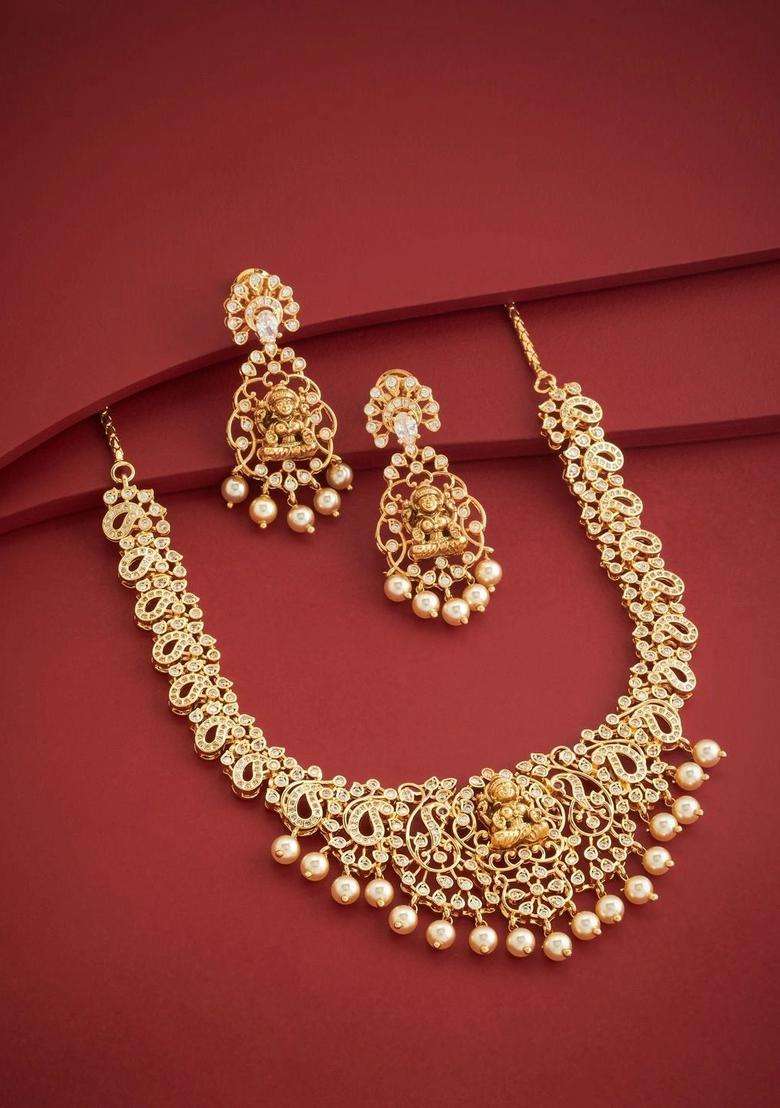 Gold-Plated Temple Cubic Zirconia Necklace and Earrings for Women | Traditional Temple Jewellery for Wedding & Festive Wear | Gift for Her - Indya