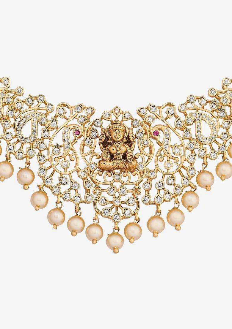 Gold-Plated Temple Cubic Zirconia Necklace and Earrings for Women | Traditional Temple Jewellery for Wedding & Festive Wear | Gift for Her - Indya