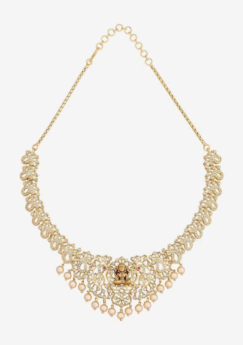 Gold-Plated Temple Cubic Zirconia Necklace and Earrings for Women | Traditional Temple Jewellery for Wedding & Festive Wear | Gift for Her - Indya