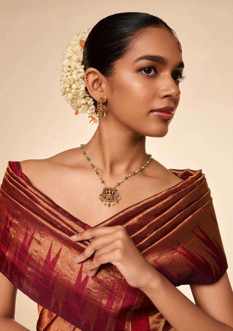 Gold-Plated Temple Ruby Studded Beaded Pendant and Earrings for Women | Traditional Temple Jewellery for Wedding & Festive Wear | Gift for Her - Indya