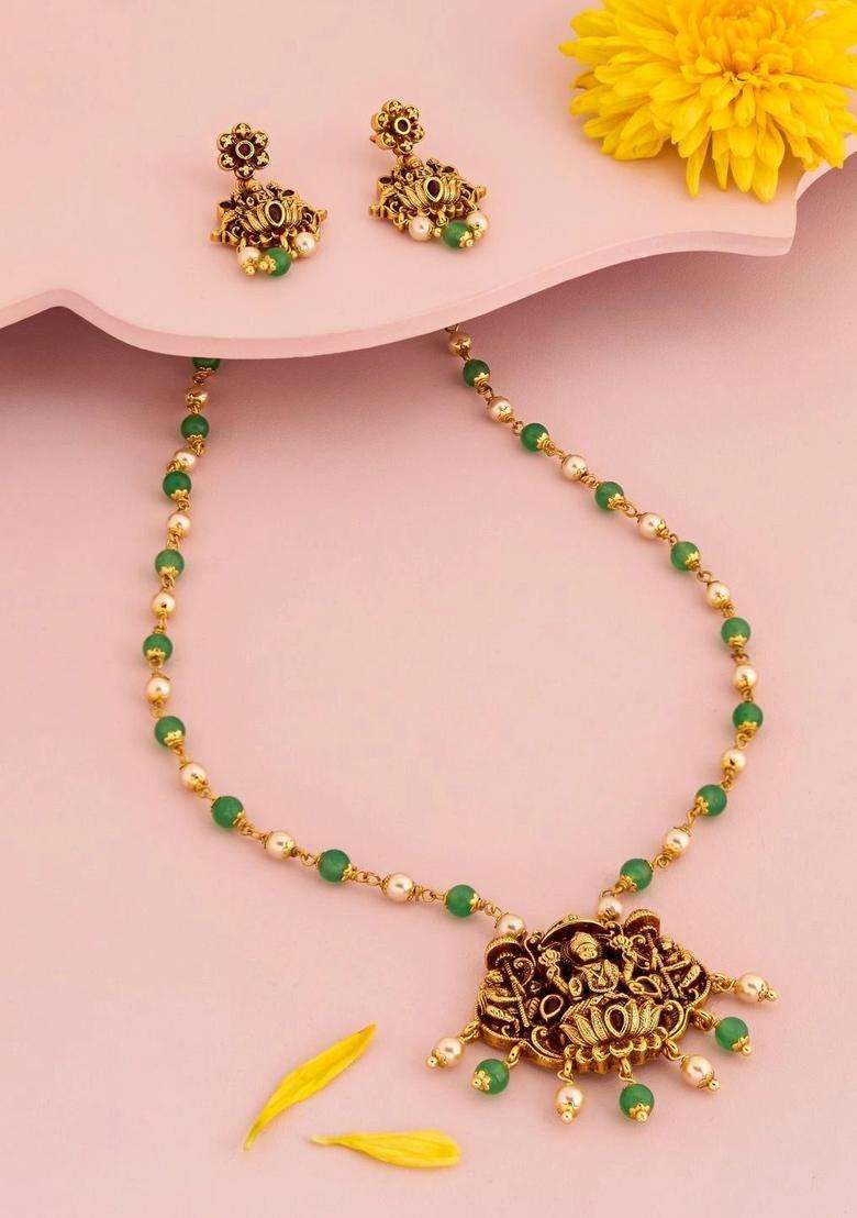 Gold-Plated Temple Ruby Studded Beaded Pendant and Earrings for Women | Traditional Temple Jewellery for Wedding & Festive Wear | Gift for Her - Indya