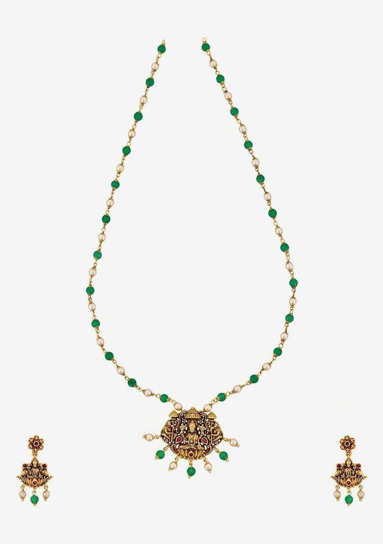 Gold-Plated Temple Ruby Studded Beaded Pendant and Earrings for Women | Traditional Temple Jewellery for Wedding & Festive Wear | Gift for Her - Indya