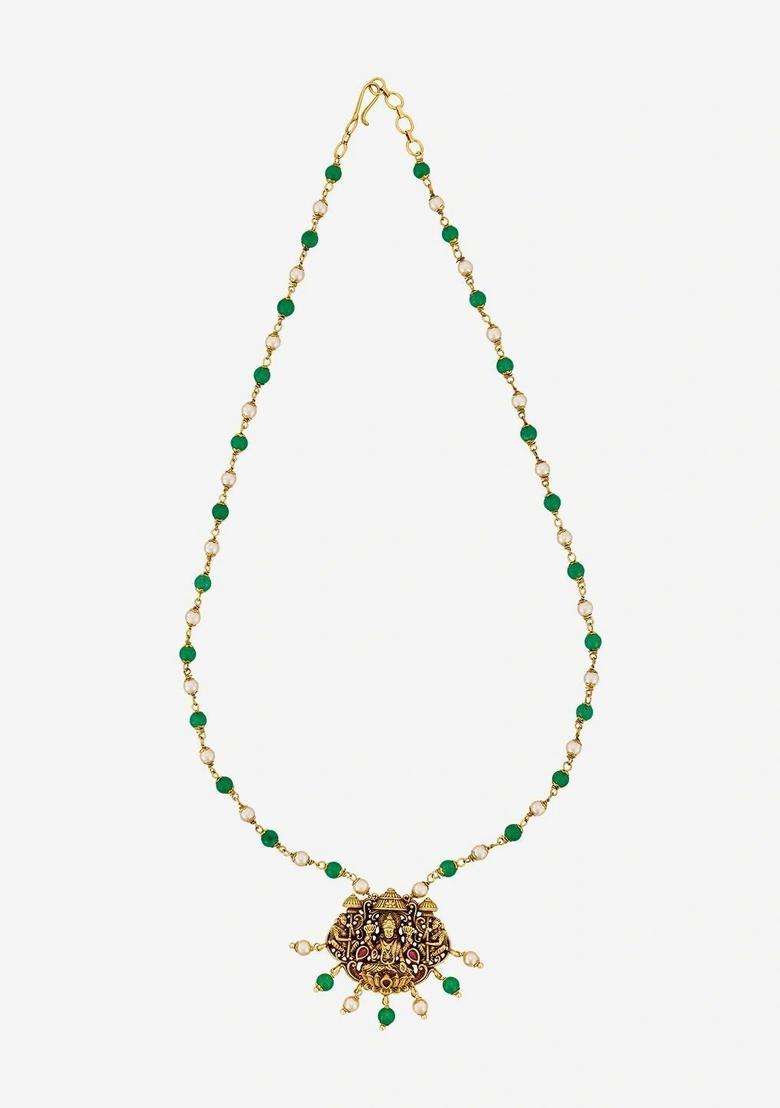 Gold-Plated Temple Ruby Studded Beaded Pendant and Earrings for Women | Traditional Temple Jewellery for Wedding & Festive Wear | Gift for Her - Indya