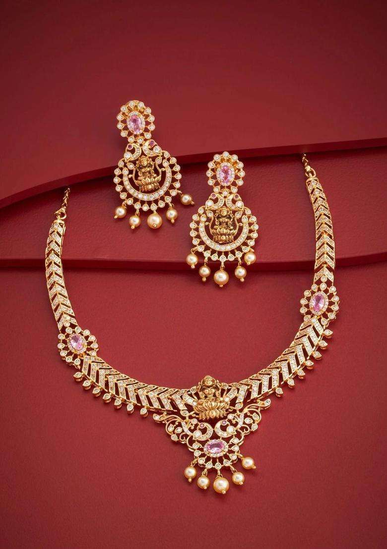 Gold-Plated Temple Cubic Zirconia Necklace and Earrings for Women | Traditional Temple Jewellery for Wedding & Festive Wear | Gift for Her - Indya