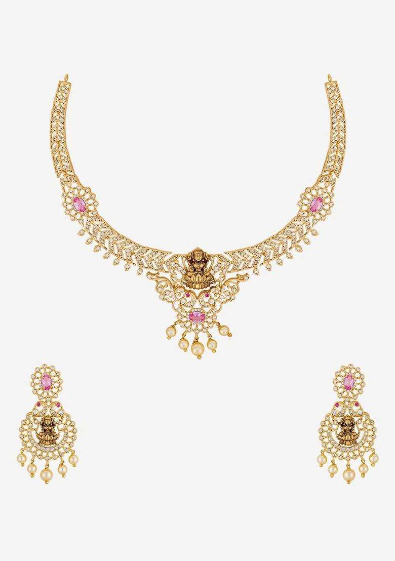 Gold-Plated Temple Cubic Zirconia Necklace and Earrings for Women | Traditional Temple Jewellery for Wedding & Festive Wear | Gift for Her - Indya