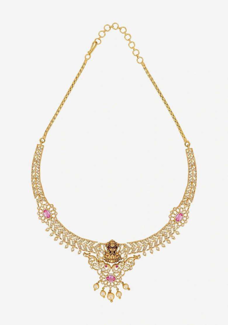 Gold-Plated Temple Cubic Zirconia Necklace and Earrings for Women | Traditional Temple Jewellery for Wedding & Festive Wear | Gift for Her - Indya