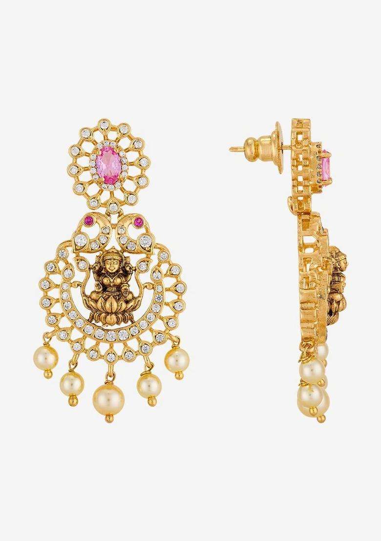 Gold-Plated Temple Cubic Zirconia Necklace and Earrings for Women | Traditional Temple Jewellery for Wedding & Festive Wear | Gift for Her - Indya