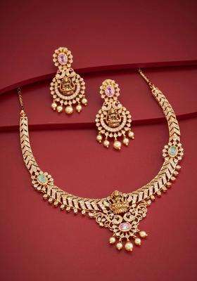 Gold-Plated Temple Cubic Zirconia Necklace and Earrings for Women | Traditional Temple Jewellery for Wedding & Festive Wear | Gift for Her