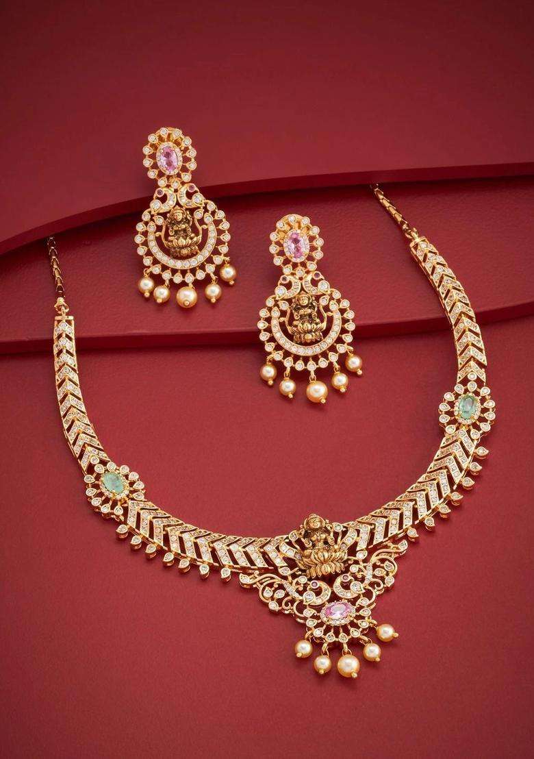 Gold-Plated Temple Cubic Zirconia Necklace and Earrings for Women | Traditional Temple Jewellery for Wedding & Festive Wear | Gift for Her - Indya