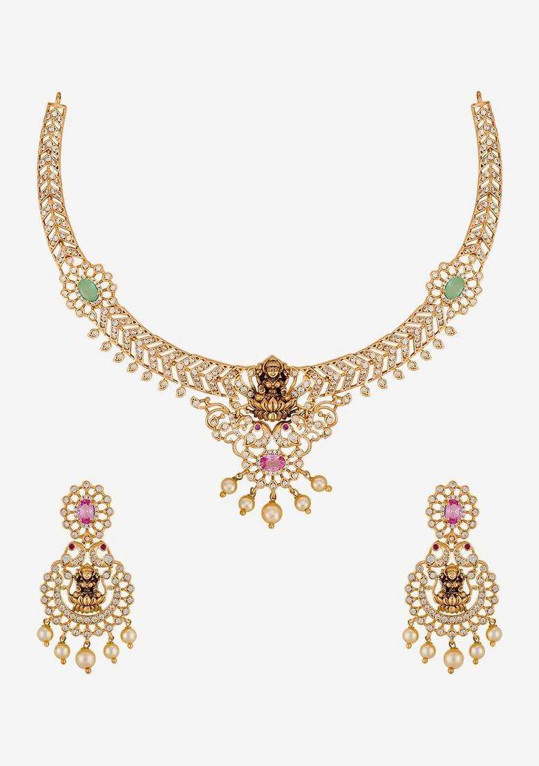 Gold-Plated Temple Cubic Zirconia Necklace and Earrings for Women | Traditional Temple Jewellery for Wedding & Festive Wear | Gift for Her - Indya