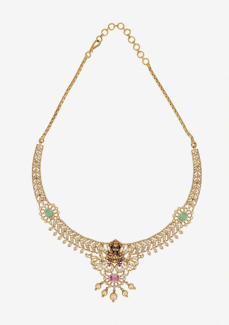 Gold-Plated Temple Cubic Zirconia Necklace and Earrings for Women | Traditional Temple Jewellery for Wedding & Festive Wear | Gift for Her - Indya