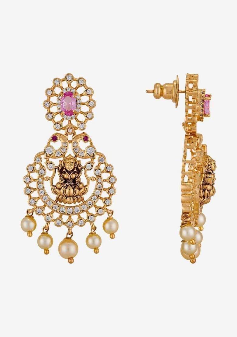 Gold-Plated Temple Cubic Zirconia Necklace and Earrings for Women | Traditional Temple Jewellery for Wedding & Festive Wear | Gift for Her - Indya