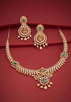 Gold-Plated Temple Cubic Zirconia Necklace and Earrings for Women | Traditional Temple Jewellery for Wedding & Festive Wear | Gift for Her