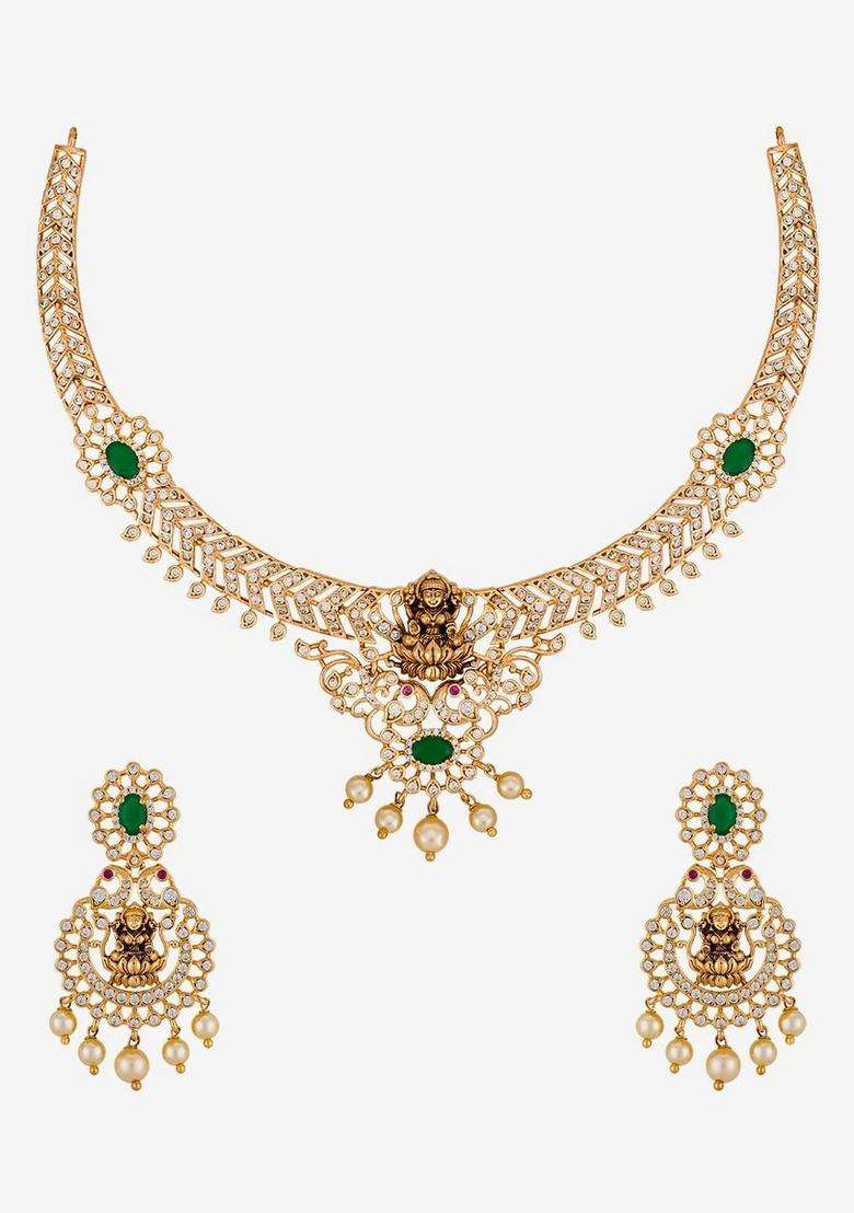 Gold-Plated Temple Cubic Zirconia Necklace and Earrings for Women | Traditional Temple Jewellery for Wedding & Festive Wear | Gift for Her - Indya