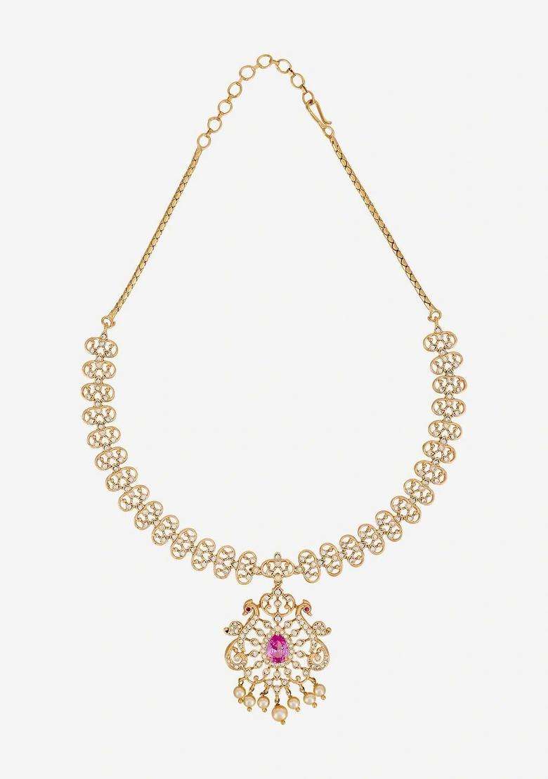 Gold-Plated Temple Cubic Zirconia Necklace and Earrings for Women | Traditional Temple Jewellery for Wedding & Festive Wear | Gift for Her - Indya
