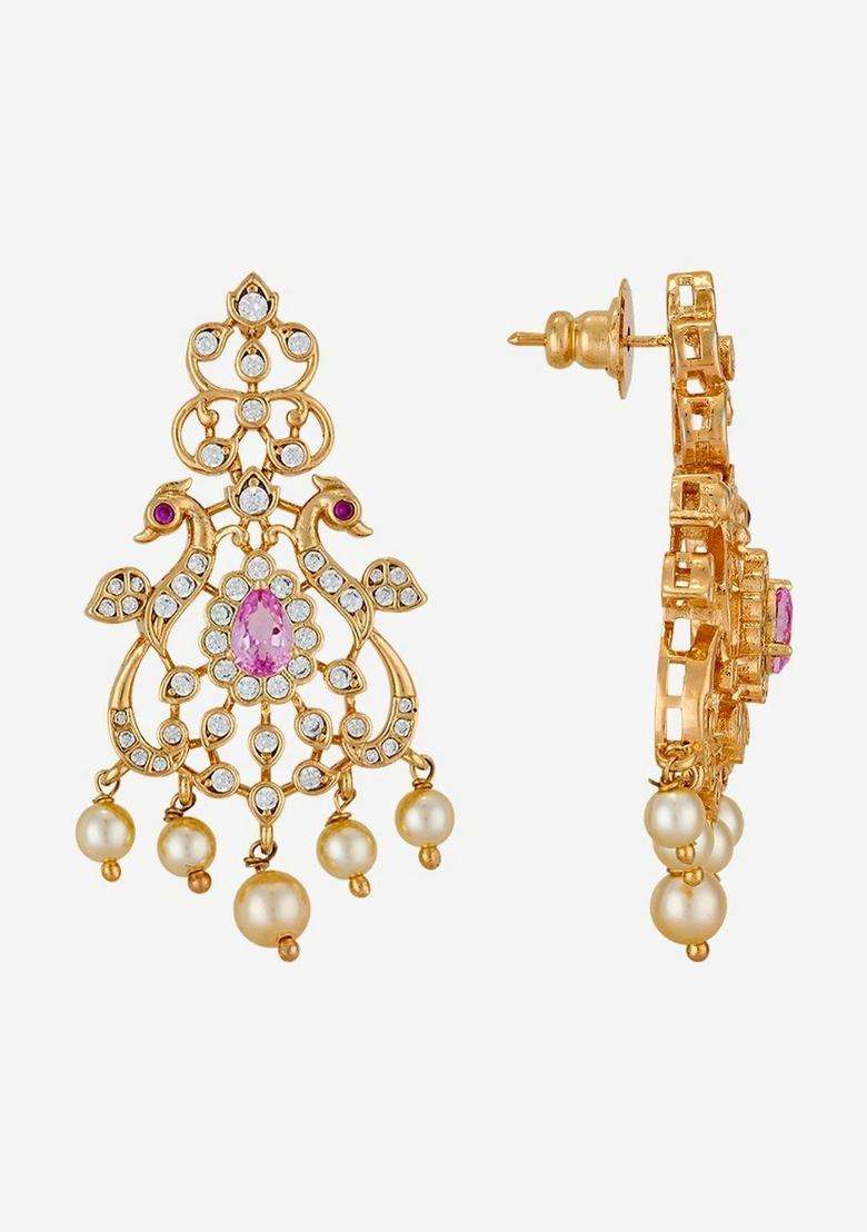Gold-Plated Temple Cubic Zirconia Necklace and Earrings for Women | Traditional Temple Jewellery for Wedding & Festive Wear | Gift for Her - Indya