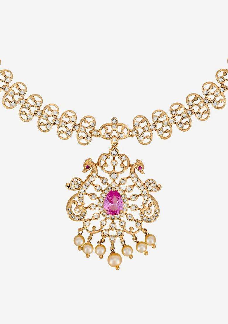Gold-Plated Temple Cubic Zirconia Necklace and Earrings for Women | Traditional Temple Jewellery for Wedding & Festive Wear | Gift for Her - Indya