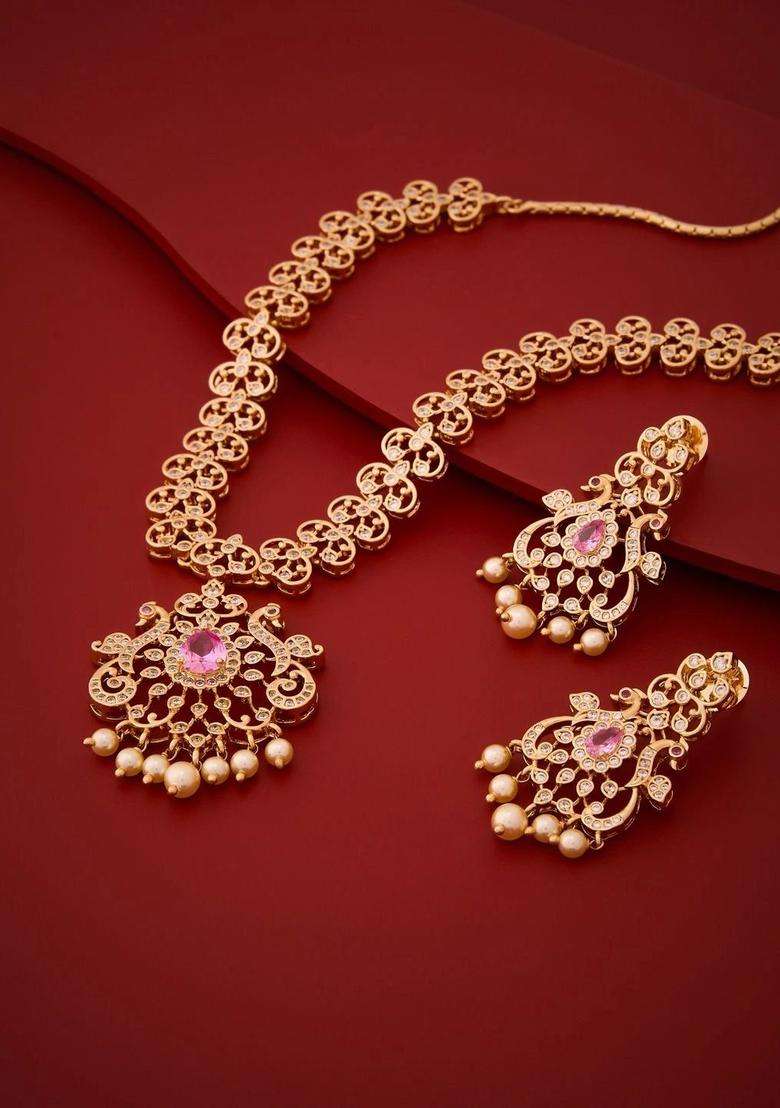 Gold-Plated Temple Cubic Zirconia Necklace and Earrings for Women | Traditional Temple Jewellery for Wedding & Festive Wear | Gift for Her - Indya