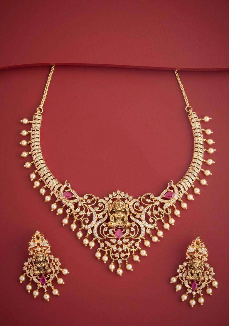 Gold-Plated Temple Cubic Zirconia Necklace and Earrings for Women | Traditional Temple Jewellery for Wedding & Festive Wear | Gift for Her - Indya