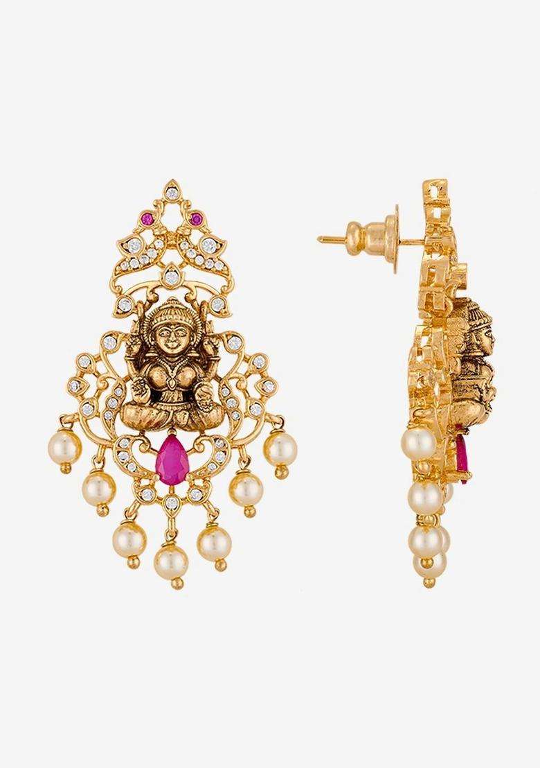 Gold-Plated Temple Cubic Zirconia Necklace and Earrings for Women | Traditional Temple Jewellery for Wedding & Festive Wear | Gift for Her - Indya