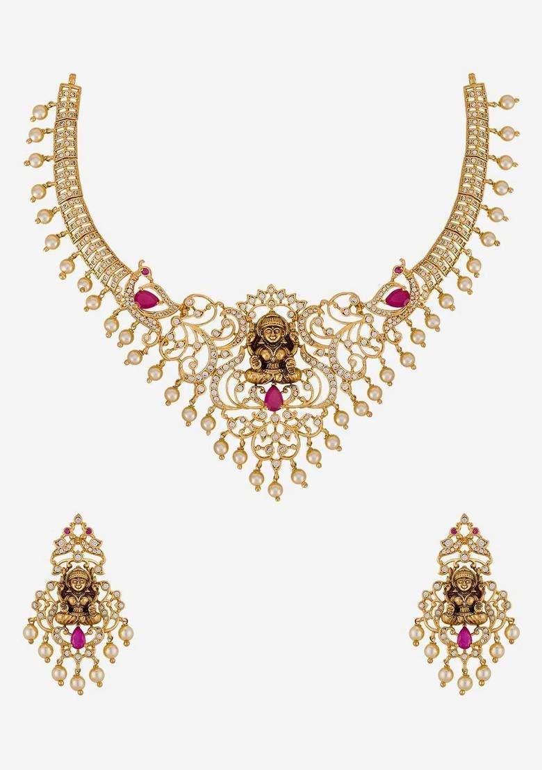 Gold-Plated Temple Cubic Zirconia Necklace and Earrings for Women | Traditional Temple Jewellery for Wedding & Festive Wear | Gift for Her - Indya
