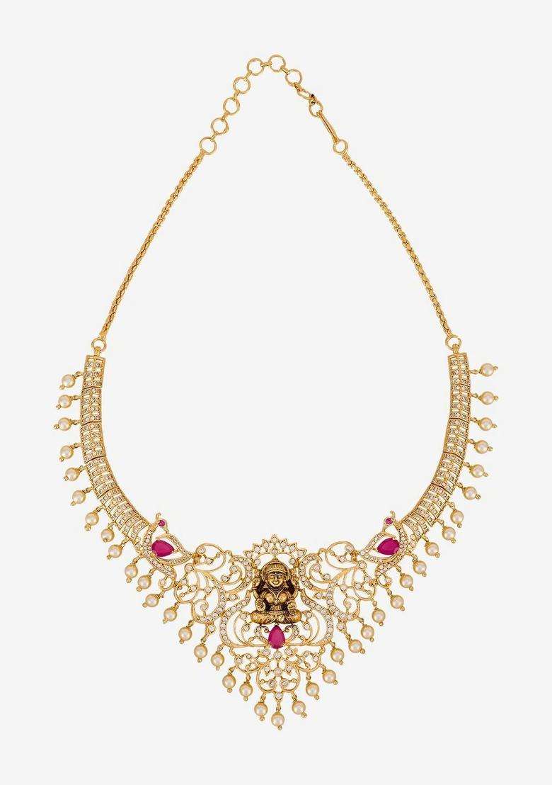 Gold-Plated Temple Cubic Zirconia Necklace and Earrings for Women | Traditional Temple Jewellery for Wedding & Festive Wear | Gift for Her - Indya