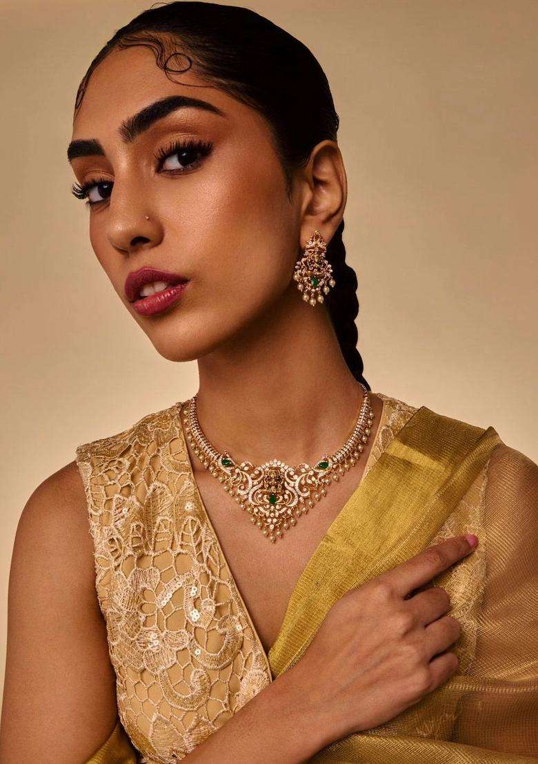 Gold-Plated Temple Cubic Zirconia Necklace and Earrings for Women | Traditional Temple Jewellery for Wedding & Festive Wear | Gift for Her - Indya