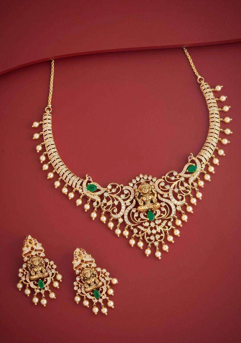 Gold-Plated Temple Cubic Zirconia Necklace and Earrings for Women | Traditional Temple Jewellery for Wedding & Festive Wear | Gift for Her - Indya