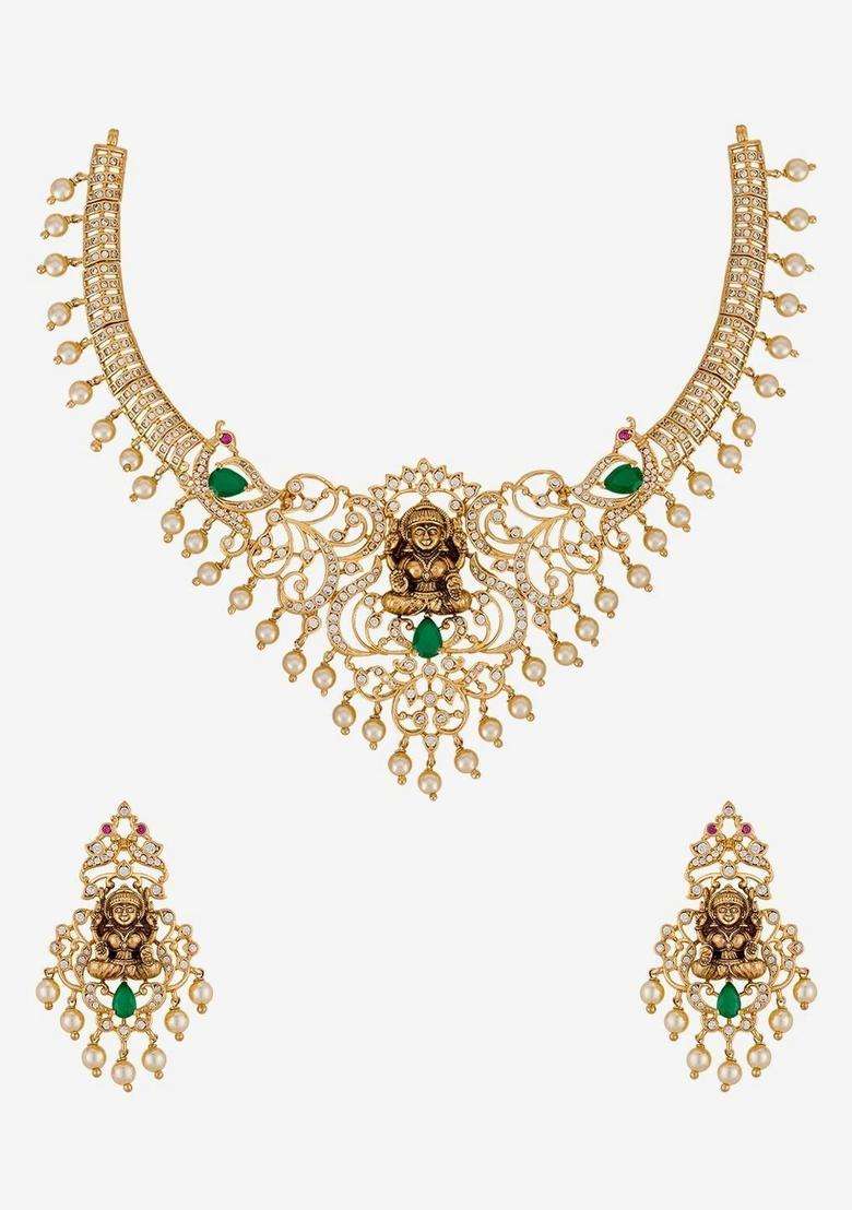 Gold-Plated Temple Cubic Zirconia Necklace and Earrings for Women | Traditional Temple Jewellery for Wedding & Festive Wear | Gift for Her - Indya