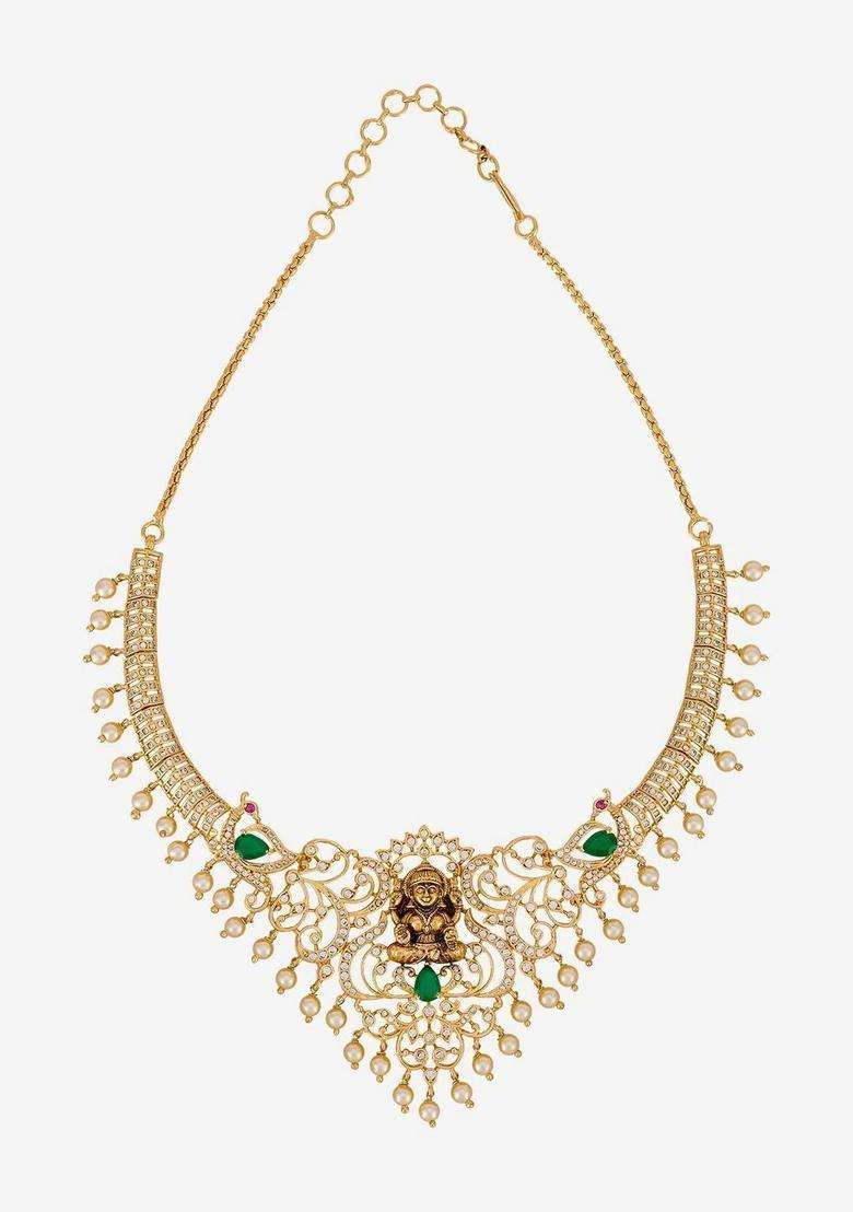 Gold-Plated Temple Cubic Zirconia Necklace and Earrings for Women | Traditional Temple Jewellery for Wedding & Festive Wear | Gift for Her - Indya
