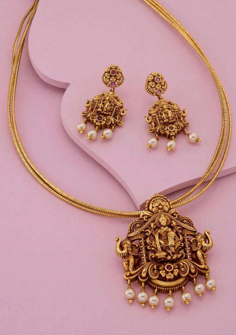 Gold-Plated Temple Stone Studded & Beaded Pendant and Earrings for Women | Traditional Temple Jewellery for Wedding & Festive Wear | Gift for Her - Indya