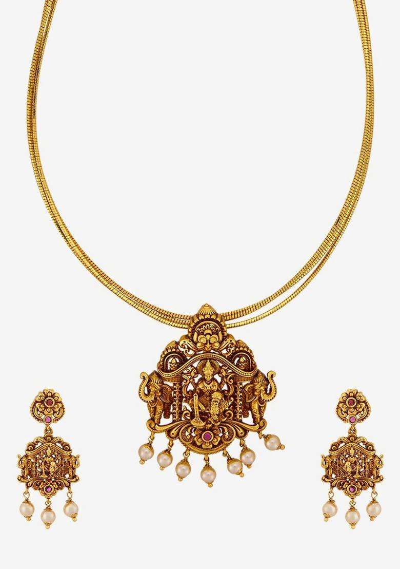 Gold-Plated Temple Stone Studded & Beaded Pendant and Earrings for Women | Traditional Temple Jewellery for Wedding & Festive Wear | Gift for Her - Indya