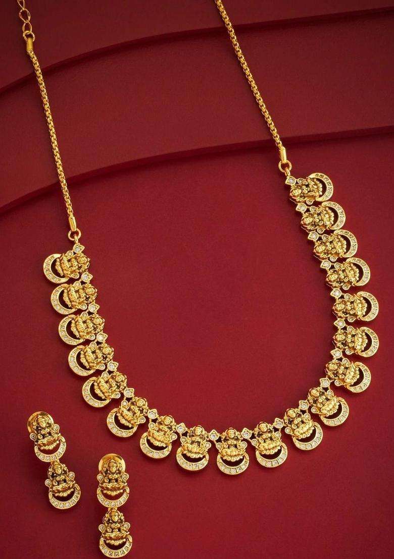 Gold-Plated Temple Cubic Zirconia Necklace and Earrings for Women | Traditional Temple Jewellery for Wedding & Festive Wear | Gift for Her - Indya