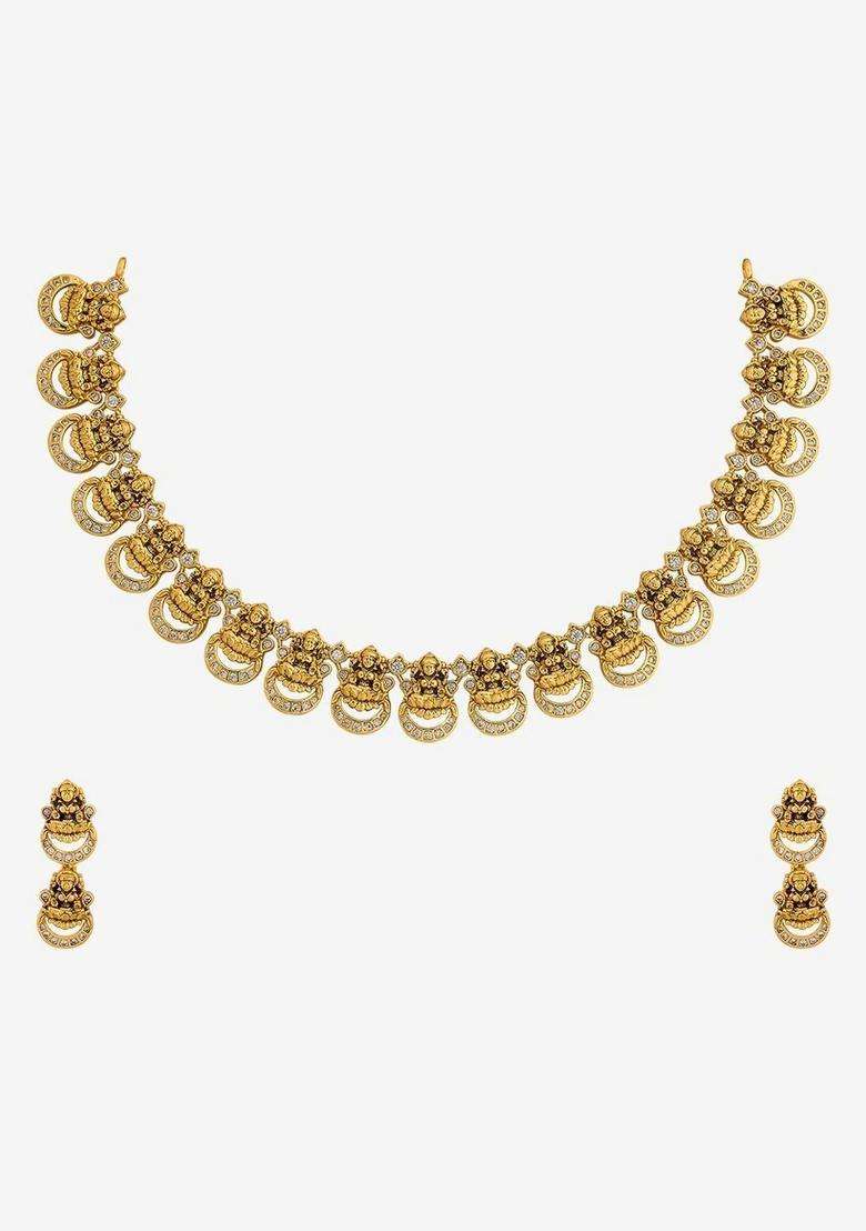 Gold-Plated Temple Cubic Zirconia Necklace and Earrings for Women | Traditional Temple Jewellery for Wedding & Festive Wear | Gift for Her - Indya