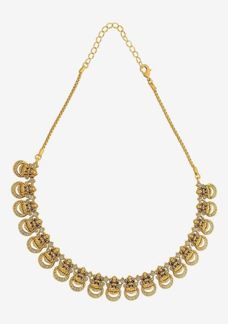 Gold-Plated Temple Cubic Zirconia Necklace and Earrings for Women | Traditional Temple Jewellery for Wedding & Festive Wear | Gift for Her - Indya